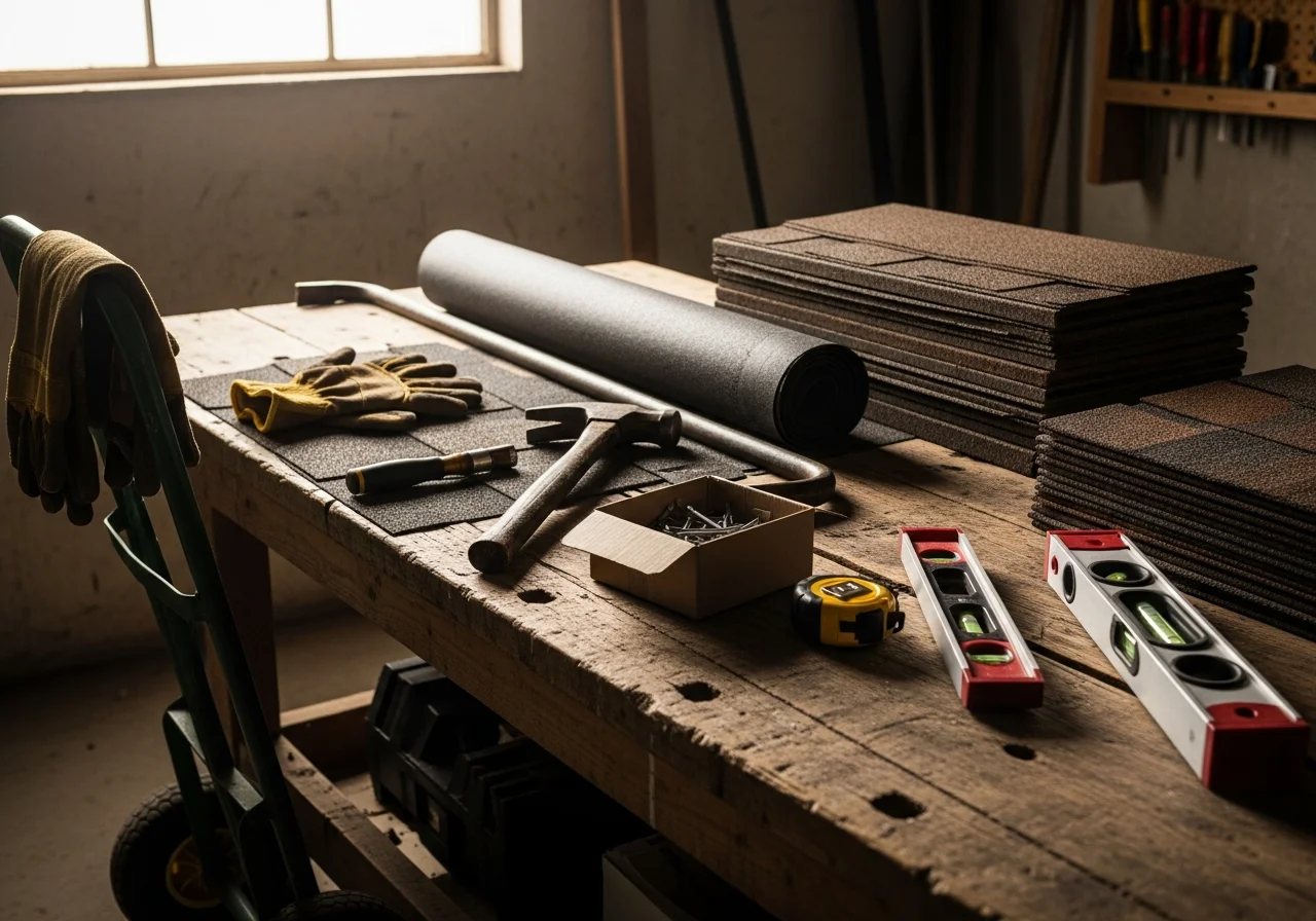 Tools and equipment arranged on a work surface, representing the trades offered by a San Antonio property services contractor.