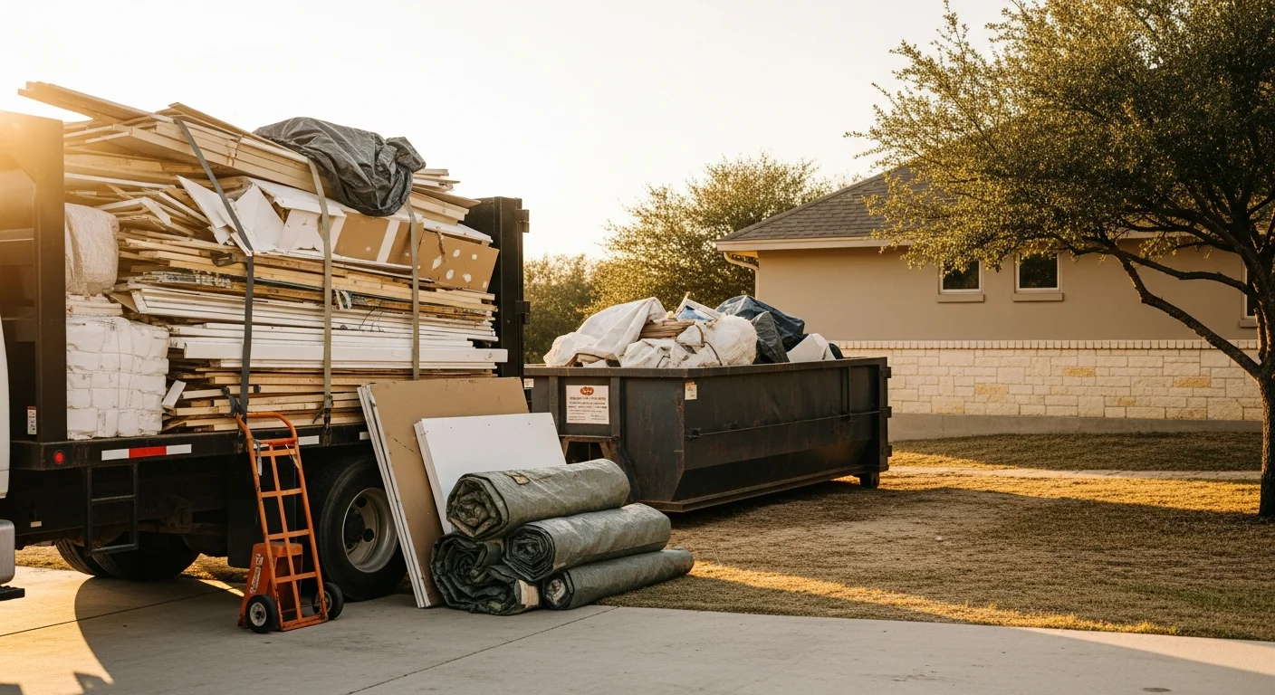Junk removal truck loaded with household debris