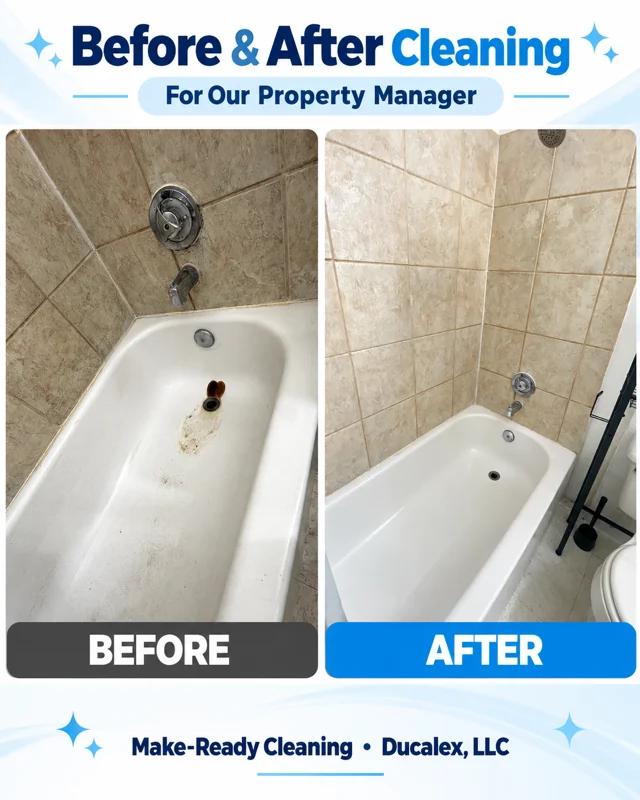 Before and after bathroom cleaning: soiled ceramic tile walls and stained white bathtub restored to clean condition