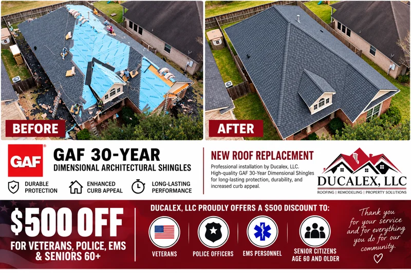 Before and after roof replacement with GAF 30-year dimensional shingles, charcoal gray color