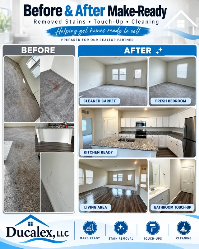 Before and after home cleaning showing stain removal from carpet, kitchen countertops, bathroom fixtures, and hardwood floors