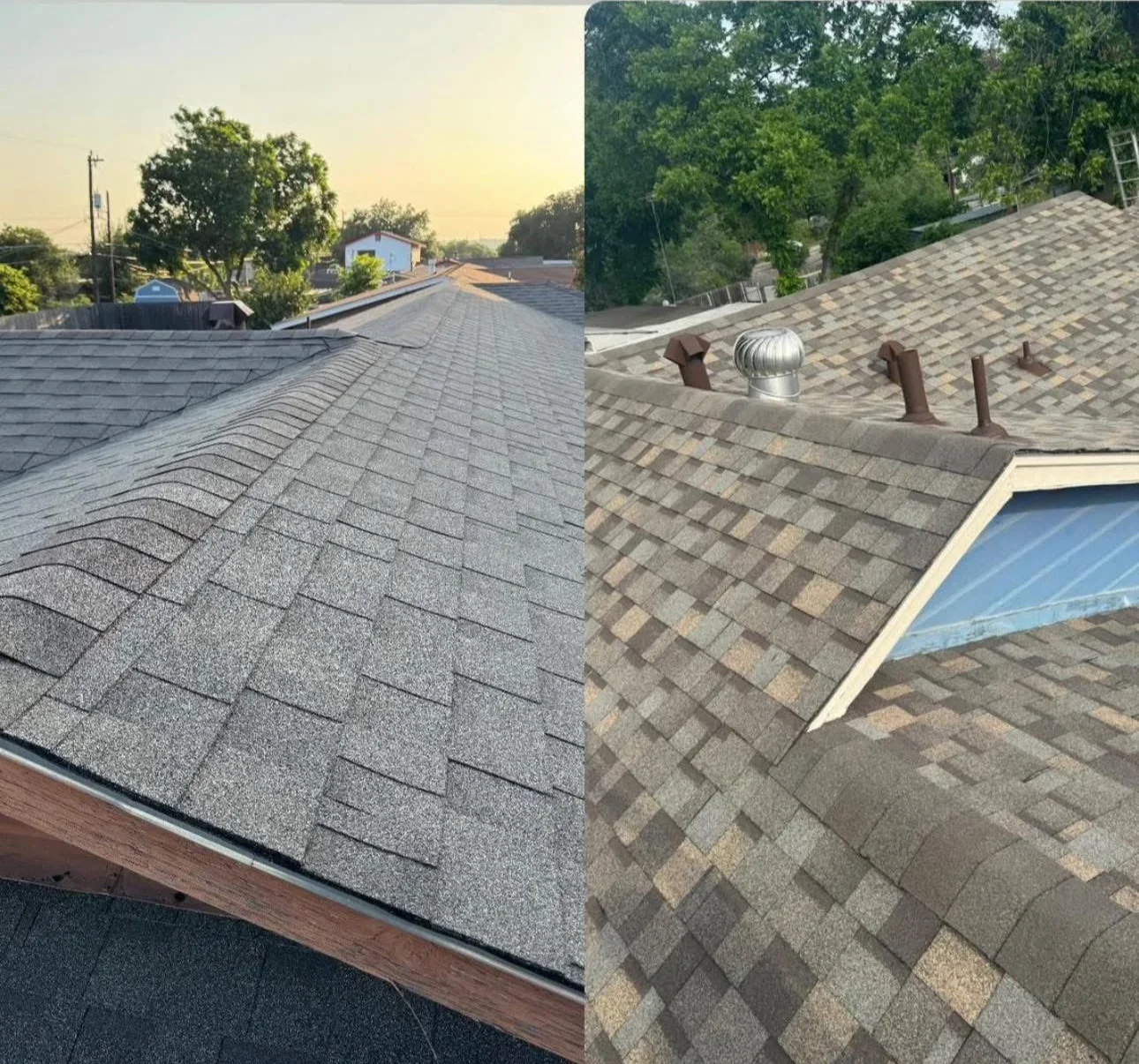 Gray and tan architectural shingles installed on residential roof with ridge vents and skylight flashing