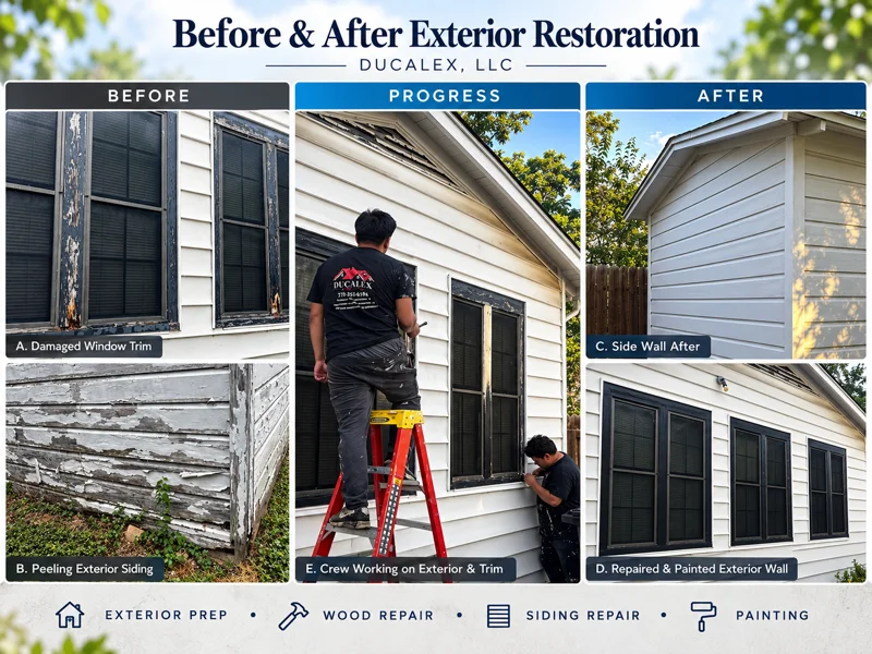 Before and after exterior restoration showing damaged trim repair, siding replacement, and full exterior painting