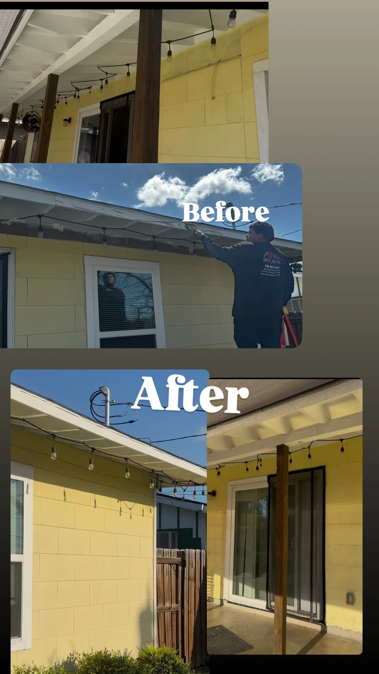 Patio cover with white ceiling panels, support posts, pendant lighting, and yellow siding