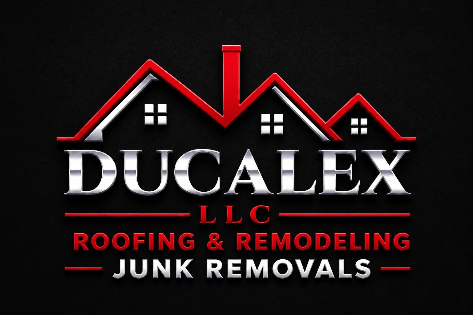 Red roof logo with metallic lettering for roofing and remodeling contractor