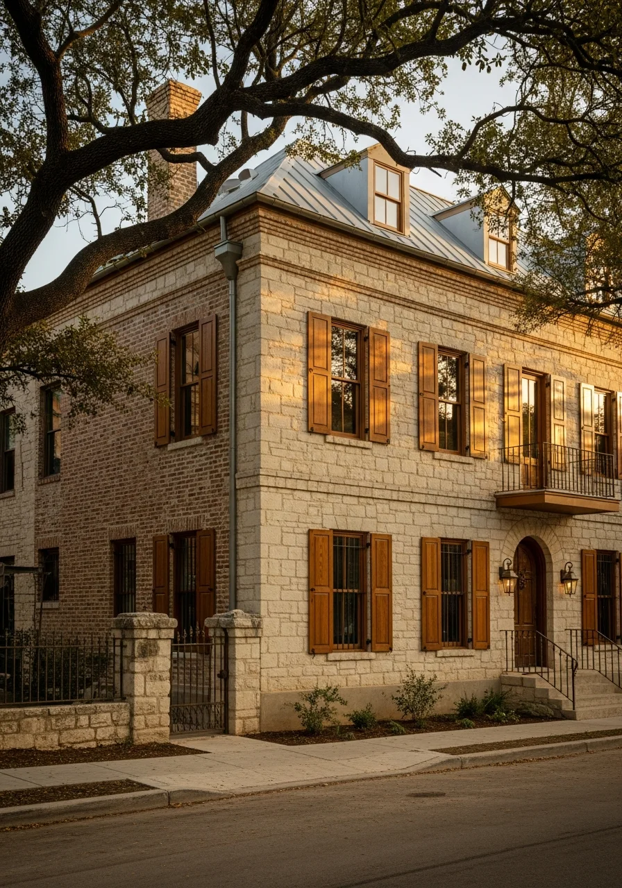 Portrait view of a restored historic San Antonio home with period-appropriate details and established landscaping.