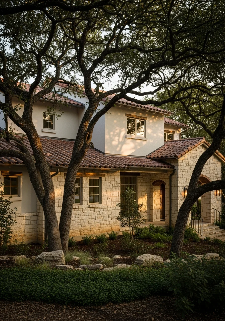 Close-up of a San Antonio residential property with mature landscaping and typical Hill Country architectural style.