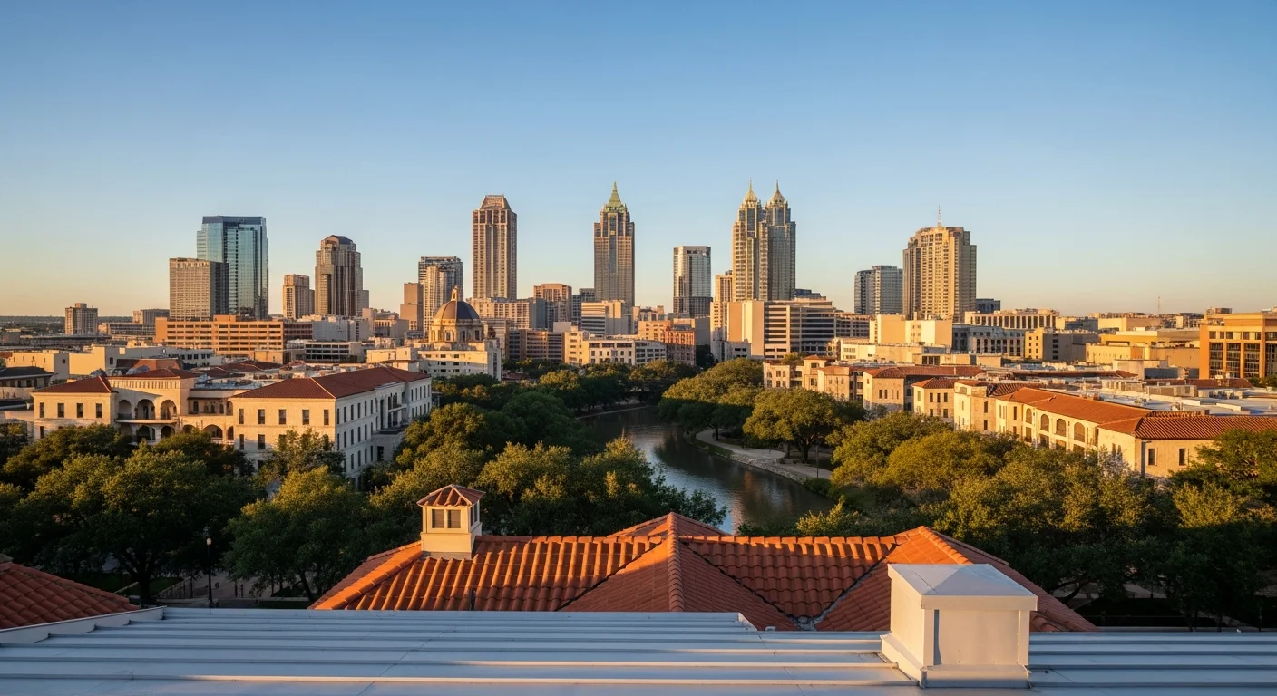 Wide view of San Antonio skyline with River Walk area visible, showing mix of historic and modern buildings under clear Texas sky.
