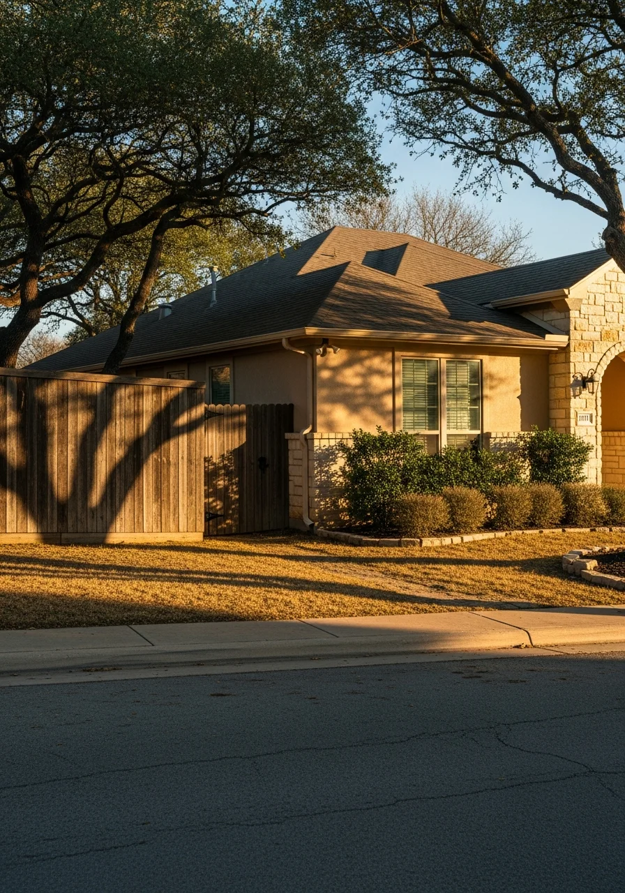 Portrait-style image of a south-side San Antonio home with typical neighborhood setting and established landscaping.
