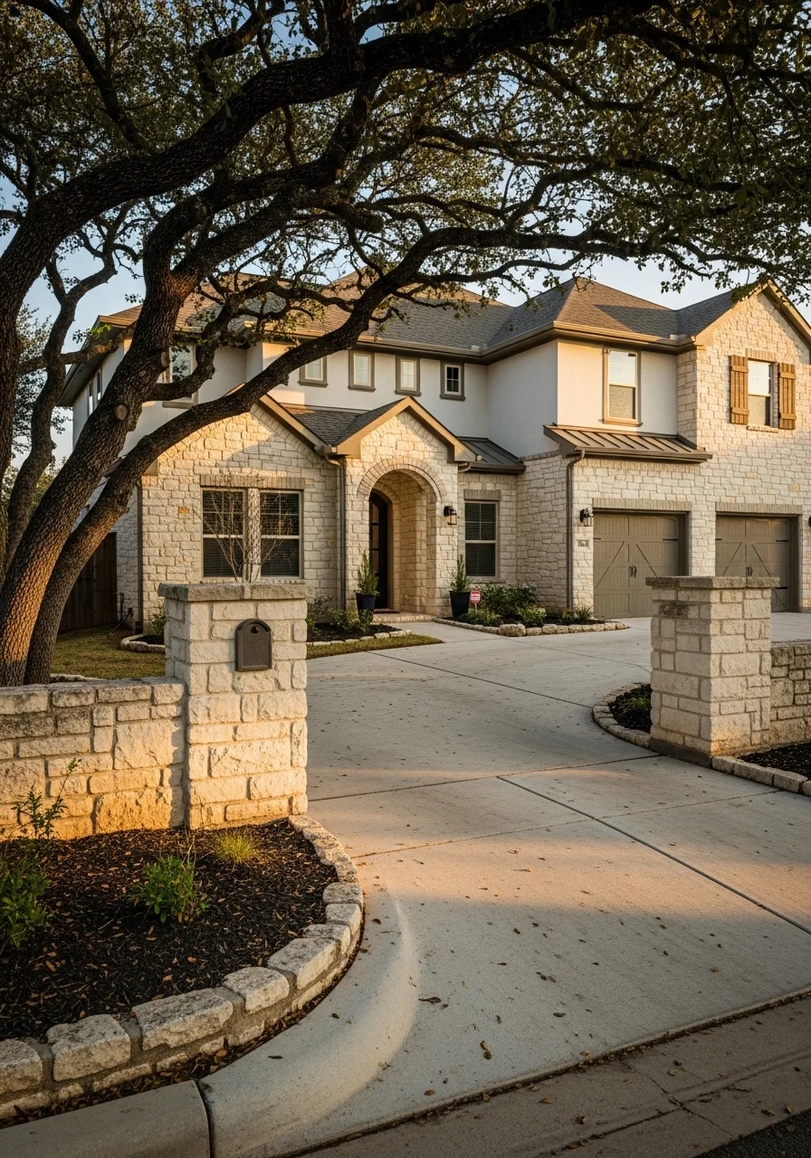 Portrait-style view of a west-side San Antonio home with characteristic neighborhood features and established grounds.