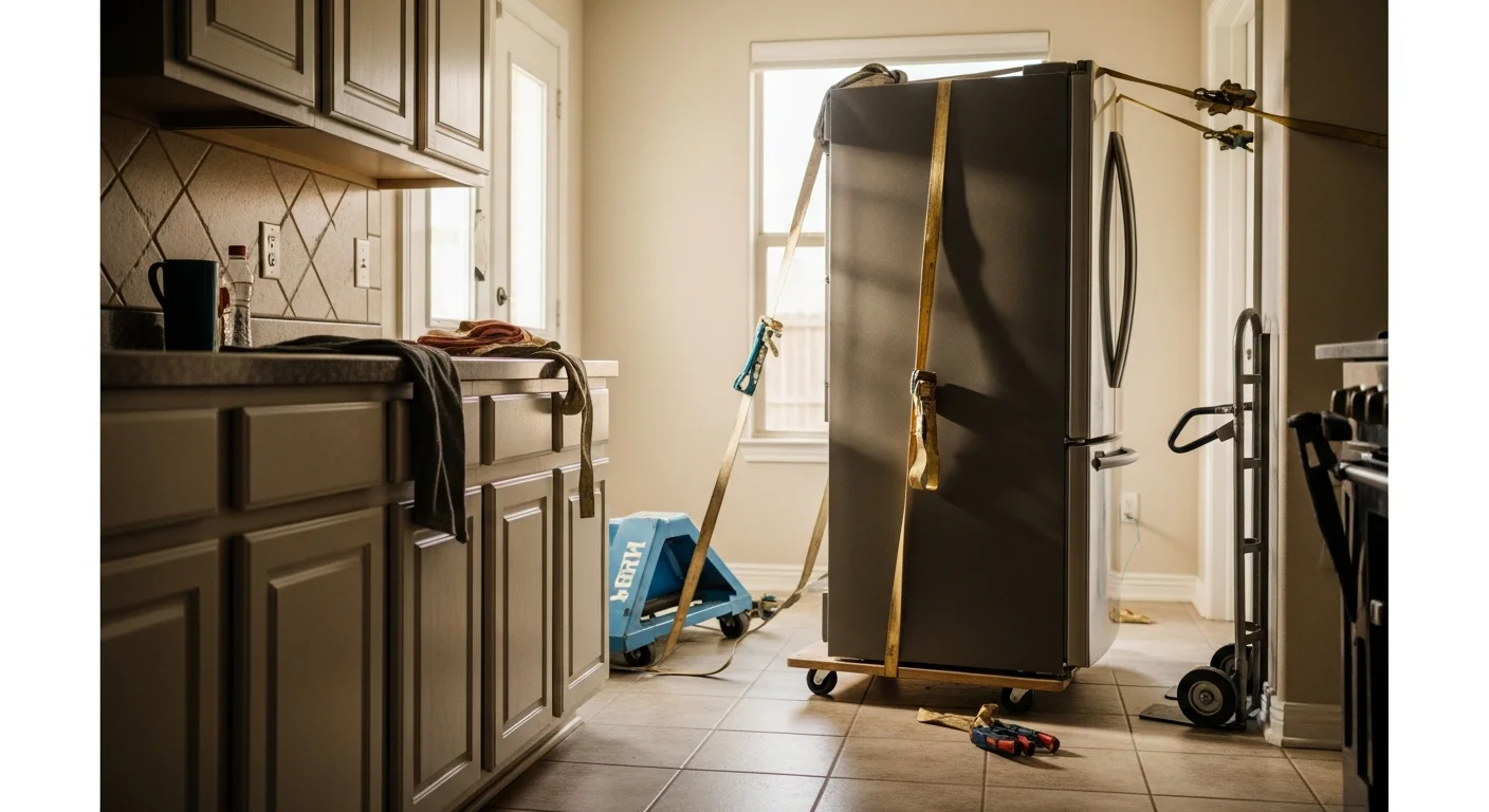 A Ducalex, LLC crew member loading a large household appliance onto a hauling truck outside a San Antonio residential home. The driveway and entryway are clear with no visible damage to the property.