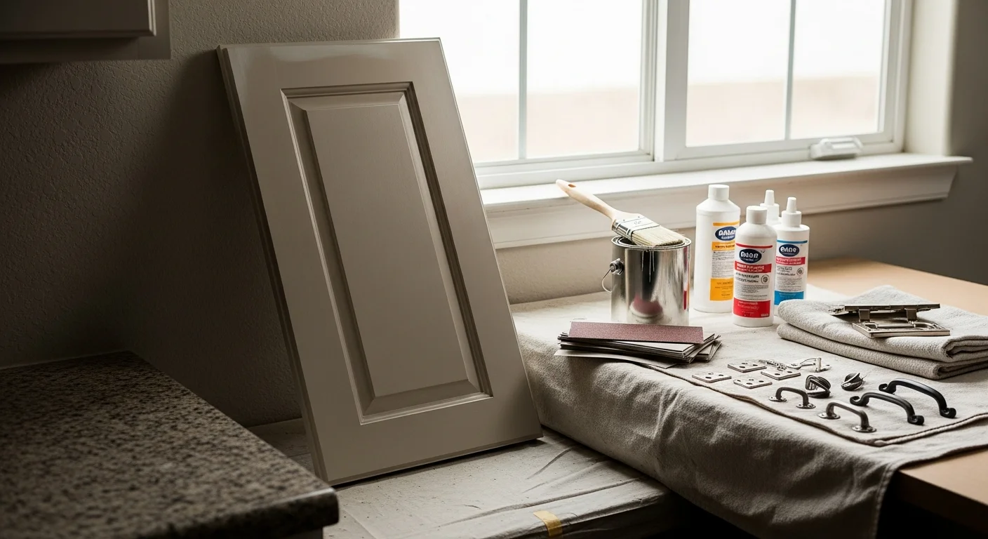 Freshly painted white kitchen cabinets in a San Antonio home, with clean edges and a smooth finish on both the doors and cabinet frames. Cabinet hardware has been reinstalled after painting, showing an updated kitchen interior.