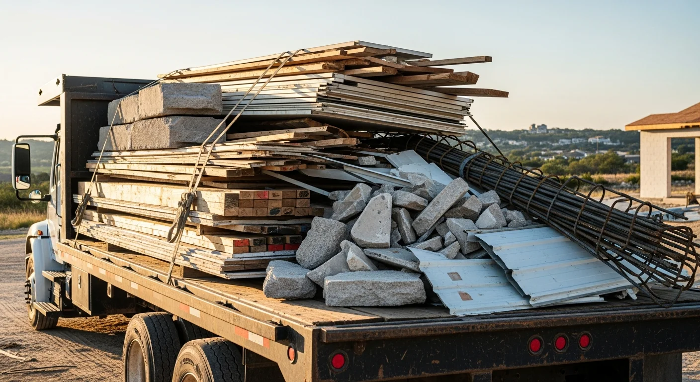 A cleared San Antonio construction site with a loaded haul truck ready to transport mixed debris including lumber, drywall, and concrete. The work area is free of waste piles after a debris hauling service by Ducalex, LLC.