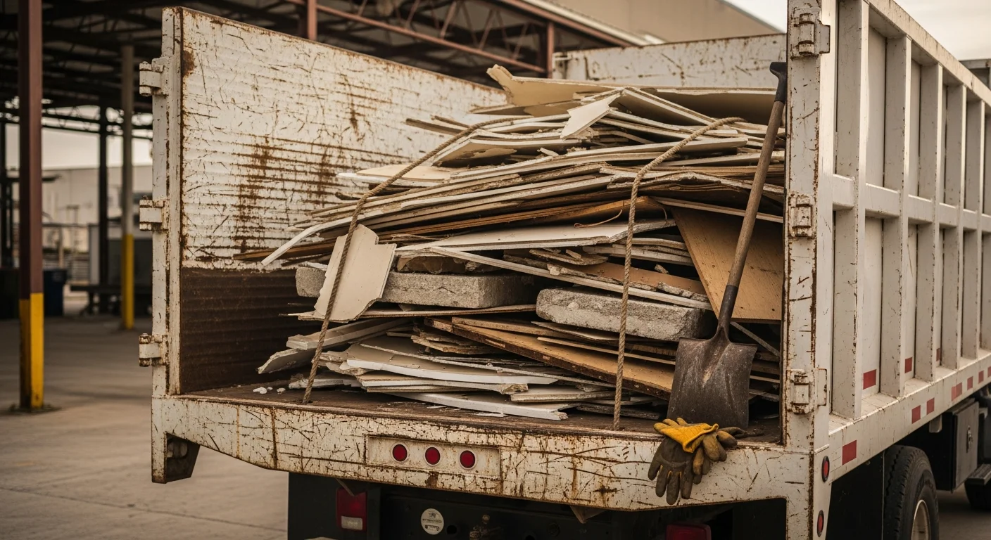 A cleared San Antonio residential yard after debris removal, with a loaded haul truck parked at the curb and no remaining waste on the property. Broken lumber, yard waste, and renovation scraps are stacked in the truck bed ready for disposal.