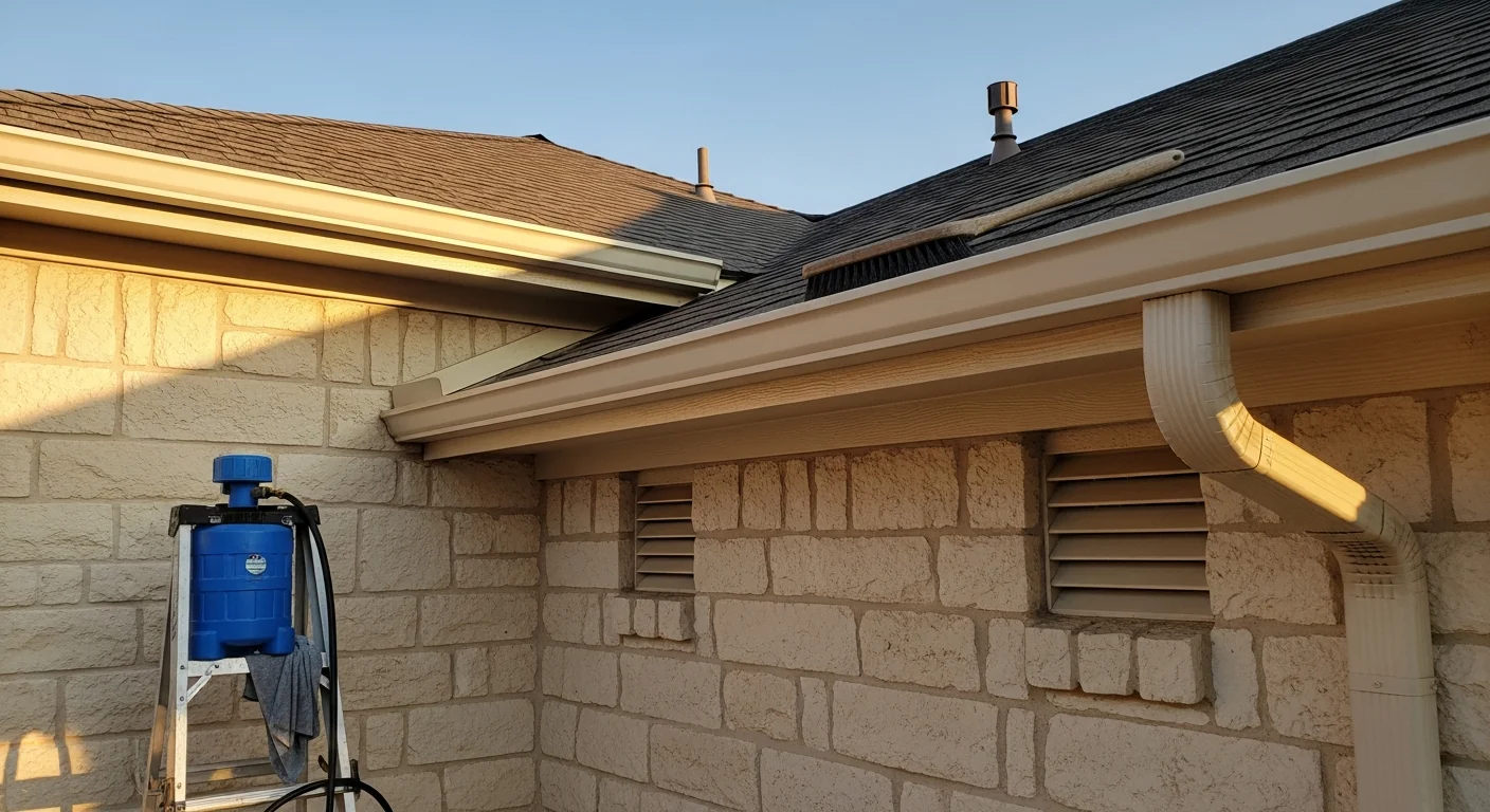 A clean, bright kitchen in a San Antonio home with scrubbed countertops, spotless appliances, and wiped-down cabinet fronts after a professional deep cleaning. Sunlight from a window highlights dust-free surfaces and grout lines along the tile backsplash.