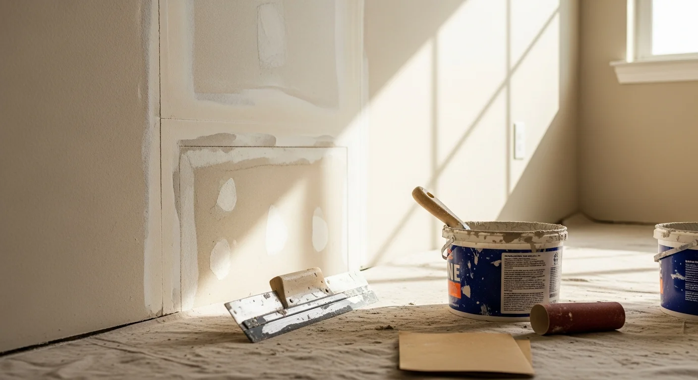 A freshly repaired and painted interior wall in a San Antonio home, showing a smooth, texture-matched surface with no visible patching. The finished wall blends evenly with the surrounding paint color in a residential living space.