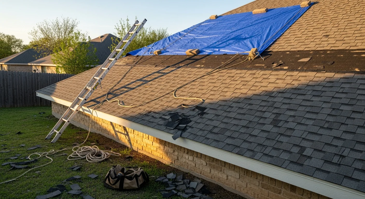 A San Antonio residential roof with storm damage showing missing shingles and exposed decking after a hail and wind event. A roofing contractor from Ducalex, LLC inspects the damaged area and applies emergency tarping to prevent further water intrusion.