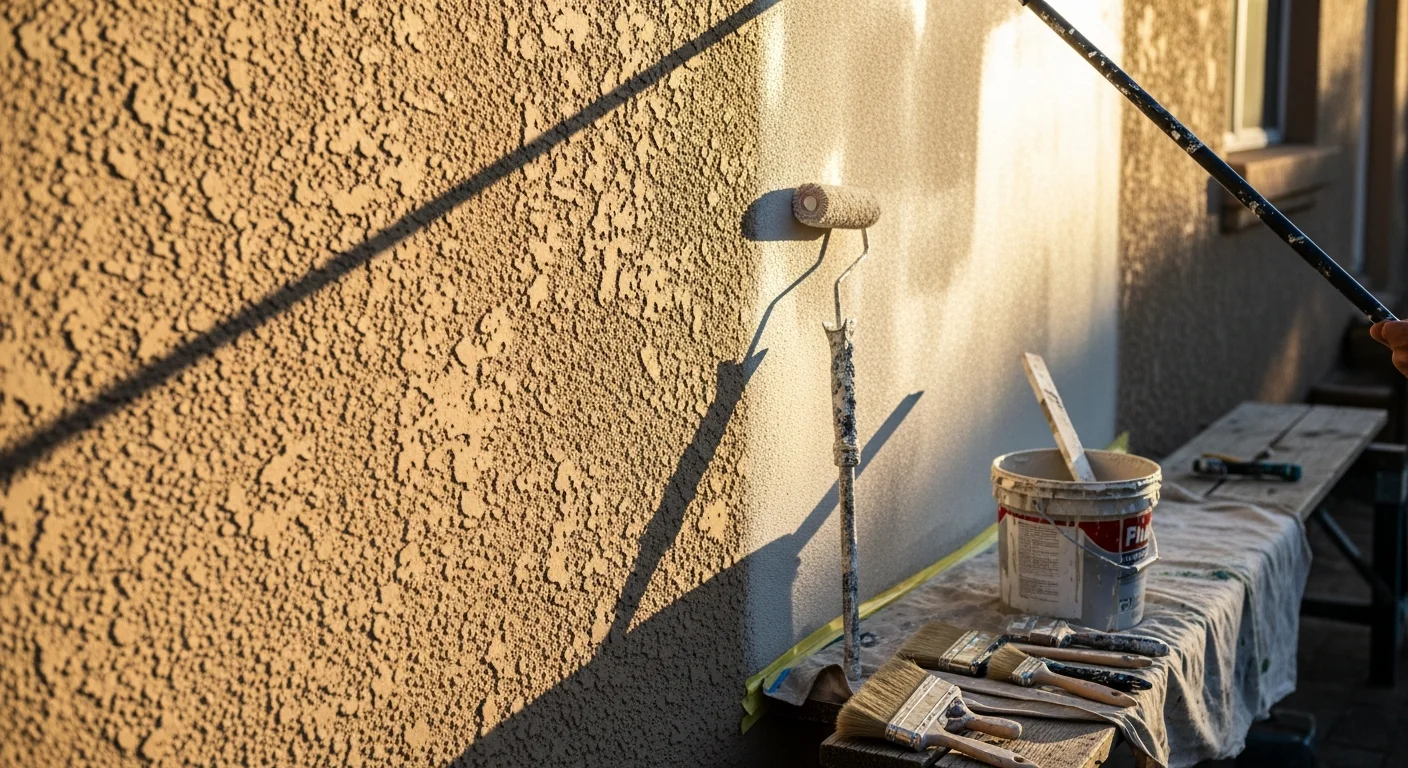 A freshly painted single-story stucco home exterior in San Antonio, TX, showing clean trim lines and an even coat of color on the walls and fascia. The home sits under a bright South Texas sky with no visible peeling or fading on any surface.