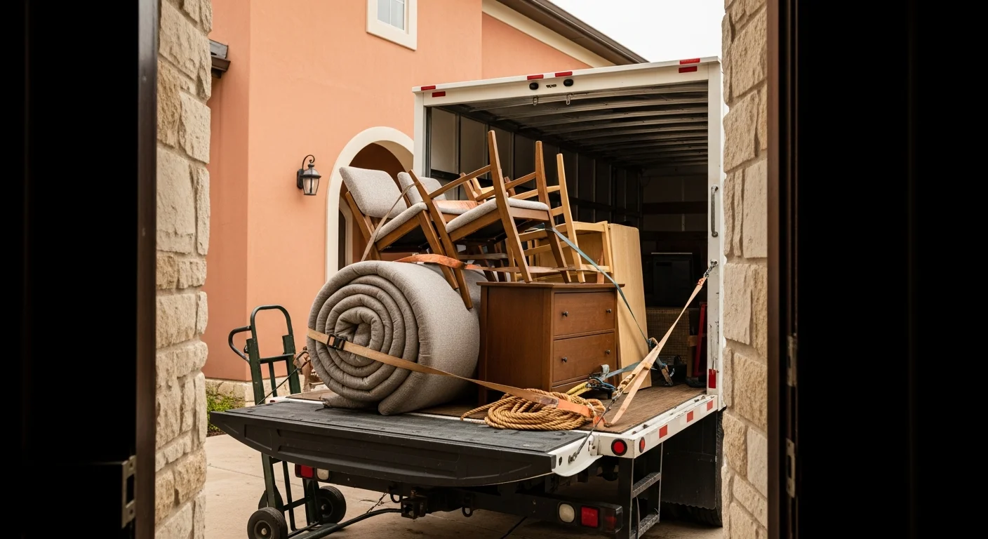 A cleared San Antonio living room after furniture removal, with an empty floor space where a sofa and coffee table once sat. A Ducalex, LLC crew member loads a bulky sectional into a hauling truck parked in a residential driveway.