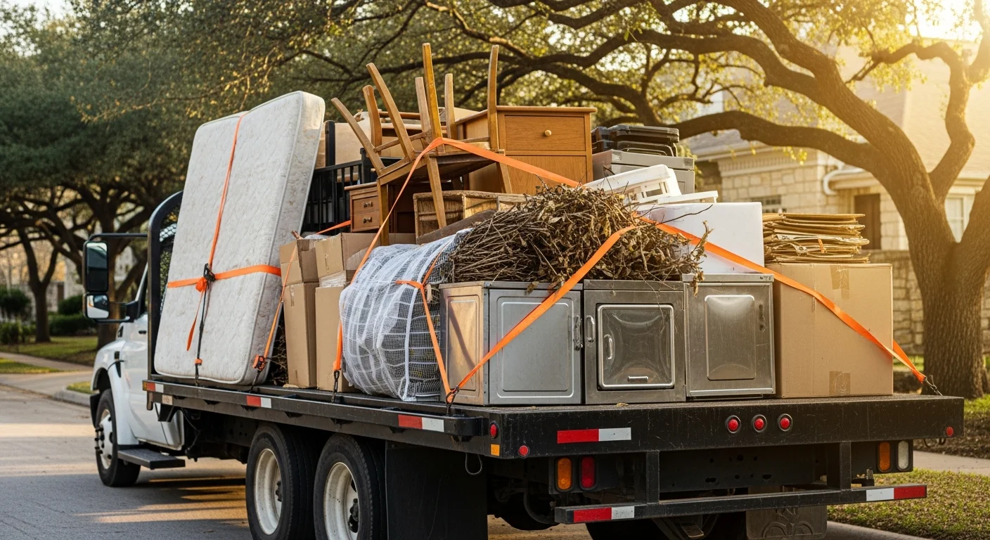 A cleared San Antonio residential garage with empty floor space after junk removal, showing hauled-away furniture and debris loaded into a truck parked in the driveway. Ducalex, LLC crew member stands near the loaded truck bed in a San Antonio neighborhood setting.