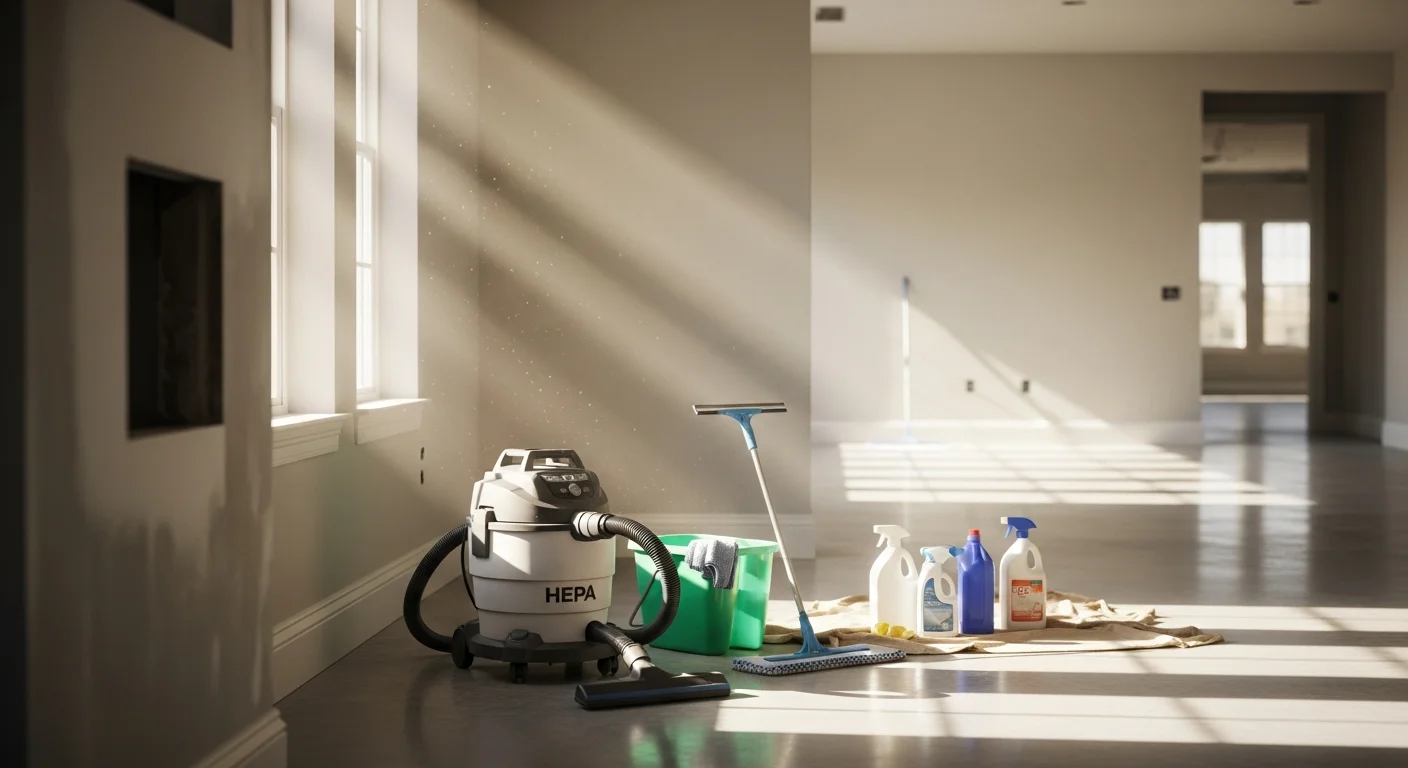A freshly cleaned open-plan interior in a newly built San Antonio home, showing dust-free baseboards, polished floors, and streak-free windows after post-construction cleaning. No debris or construction residue is visible on any surface.