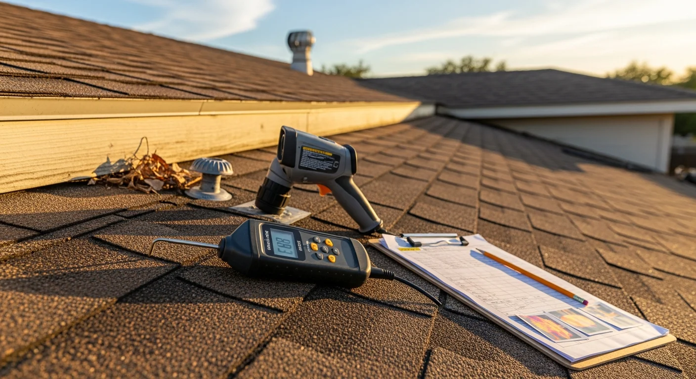 A roofing contractor from Ducalex, LLC inspecting shingles and flashing on a residential roof in San Antonio, Texas. Close-up view of the roof surface showing granule condition and flashing detail against a clear South Texas sky.