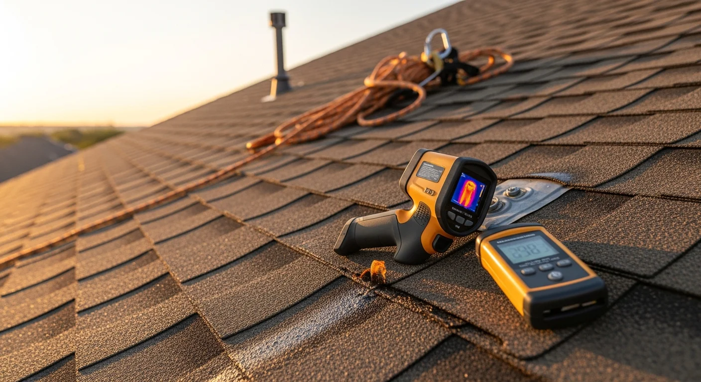 A Ducalex, LLC roofing contractor inspecting damaged shingles and flashing on a residential roof in San Antonio, Texas. Close-up view shows cracked shingles and a repaired pipe boot seal after storm damage.