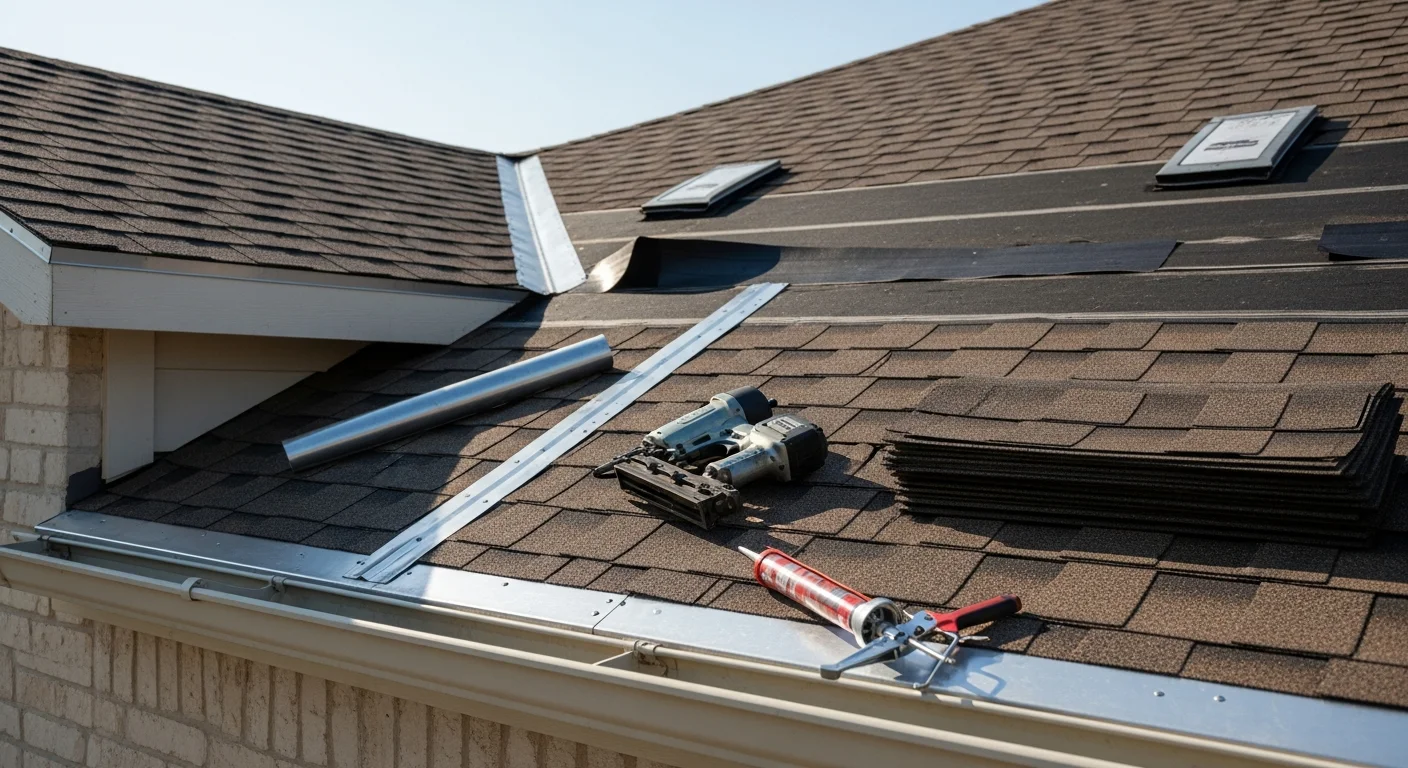 A San Antonio residential roof showing repaired shingles and sealed flashing after hail and wind damage. A Ducalex, LLC roofing contractor inspects the completed repair on a pitched roof under a clear Texas sky.
