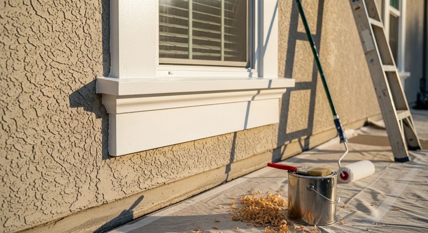Close-up of freshly painted white exterior trim on a San Antonio home, with clean cut lines along a window casing and siding. The trim shows a smooth, even finish against the home's exterior wall in bright Texas sunlight.